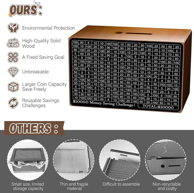 Gomyrod Wooden Money Saving Box, Cash Vault Savings Box for $10000 $5000 $3000 $1000 $800 $500 Target Money Saving Challenge, Reusable Money Box with Counter, Dry Erase Pen/Savings Trackers/Rubber Band-Brown - Image 3